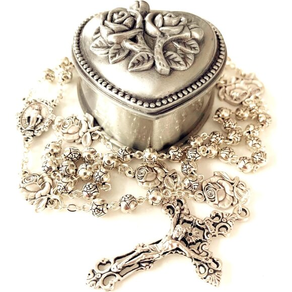 Handmade Silver Rose Beads Catholic 5 DECADE Rosary with Cross and Gift Box from - Picture 1 of 9